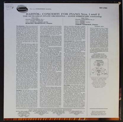 Westminster WST 17003 - Bartok: Piano Concerto No. 1, Piano Conc - Image 2