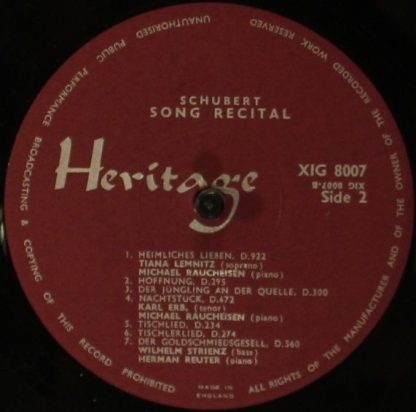 Heritage (5) XIG 8007 - Schubert And Schumann - Songs And Duets - Image 3