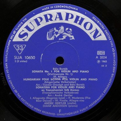 Supraphon SUA 10650 - Sonata No. 1 / Sonatina / Hungarian Folk S - Image 4