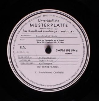 Archiv Produktion 198 194 - Werke Von Georg Friedrich Händel, Su