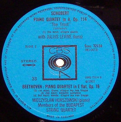 CBS SBRG 72134 - Schubert: The Trout Quintet / Beethoven: Piano - Image 3