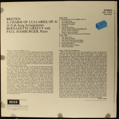 DECCA SXL 6413 - A Charm Of Lullabies Op.41 & Folk Songs - Image 2