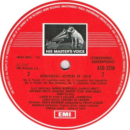 His Master's Voice SLS 5064 - Vespers (1610) - (Vespro Della Bea - Image 3