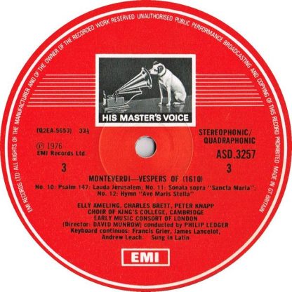 His Master's Voice SLS 5064 - Vespers (1610) - (Vespro Della Bea - Image 4