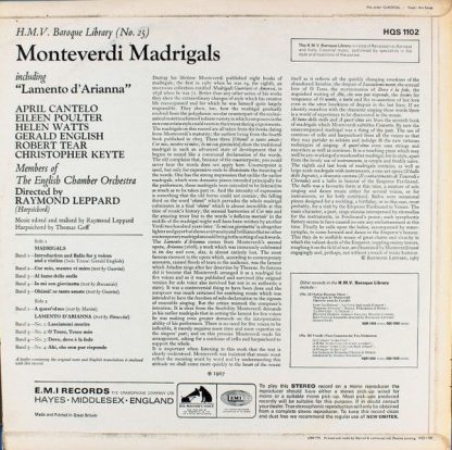 His Master's Voice HQS. 1102 - Monteverdi Madrigals Including "L - Image 2