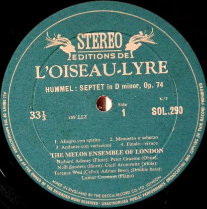 L'Oiseau-Lyre SOL 290 - Septet In D Minor, Op. 74 /Quintet In E - Image 3