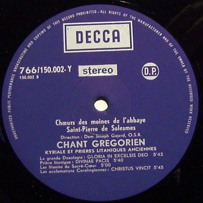 DECCA 766 / 150.002 - Chant Gregorien - Kyriale Et Prières Litan - Image 3