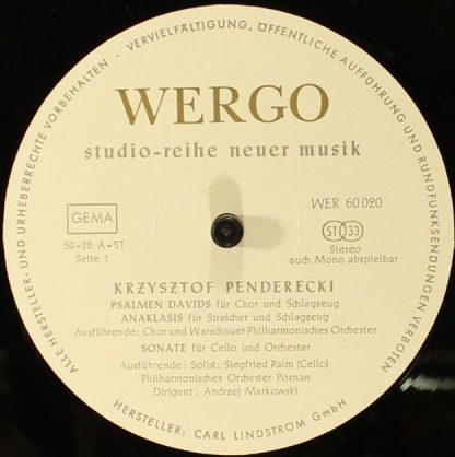 WERGO WER 60020 -  Psalmen Davids ‧ Anaklasis ‧ Sonate Für Cello - Image 4