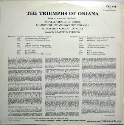 Argo ZRG 643 - The Triumphs Of Oriana (Music To Entertain Elizab - Image 2