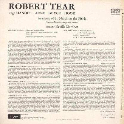 Argo ZRG 661 - Robert Tear Sings Handel, Arne, Boyce, Hook - Image 2