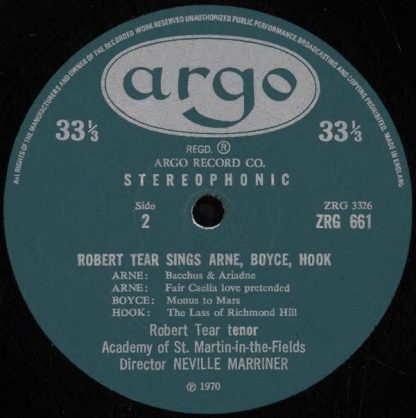 Argo ZRG 661 - Robert Tear Sings Handel, Arne, Boyce, Hook - Image 4