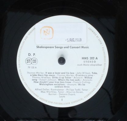 Harmonia Mundi HMS 202 - Shakespearean Songs And Consort Music - Image 5