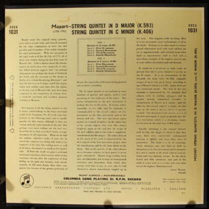 Columbia 33CX 1031 - Quintet In D Major K. 593 / Quintet In C Mi - Image 2