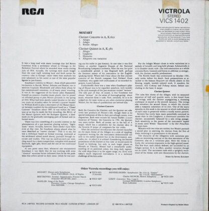 RCA Victrola VICS 1402 - Clarinet Concerto · Clarinet Quintet - Image 2