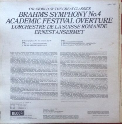 DECCA SPA 381 - Symphony No.4 - Academic Festival Overture - Image 2
