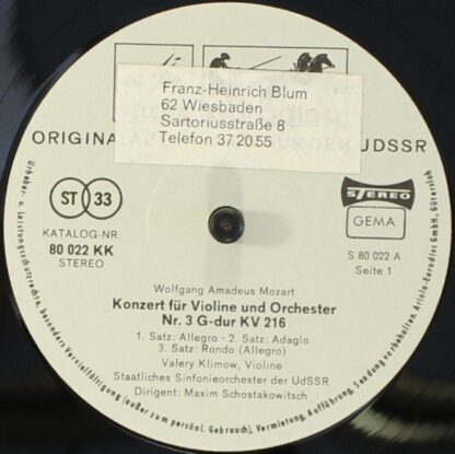 Eurodisc 80 022 KK - Violinkonzert G-Dur KV 216 / Violinkonzert - Image 3