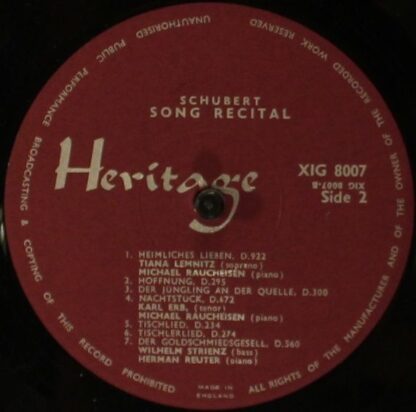 Heritage (5) XIG 8007 - Schubert And Schumann - Songs And Duets - Image 3