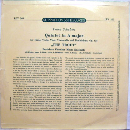 Supraphon LPV-165 - Quintet In A Major, Op. 114 „The Trout” - Image 2