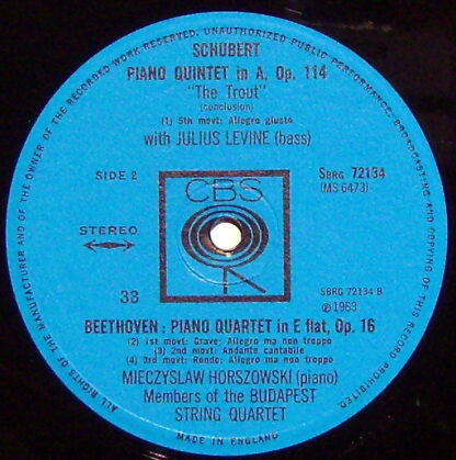 CBS SBRG 72134 - Schubert: The Trout Quintet / Beethoven: Piano - Image 3