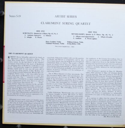 music guild   S-19 - Schumann: Quartet Op. 41, No. 1 In A Minor, - Image 2
