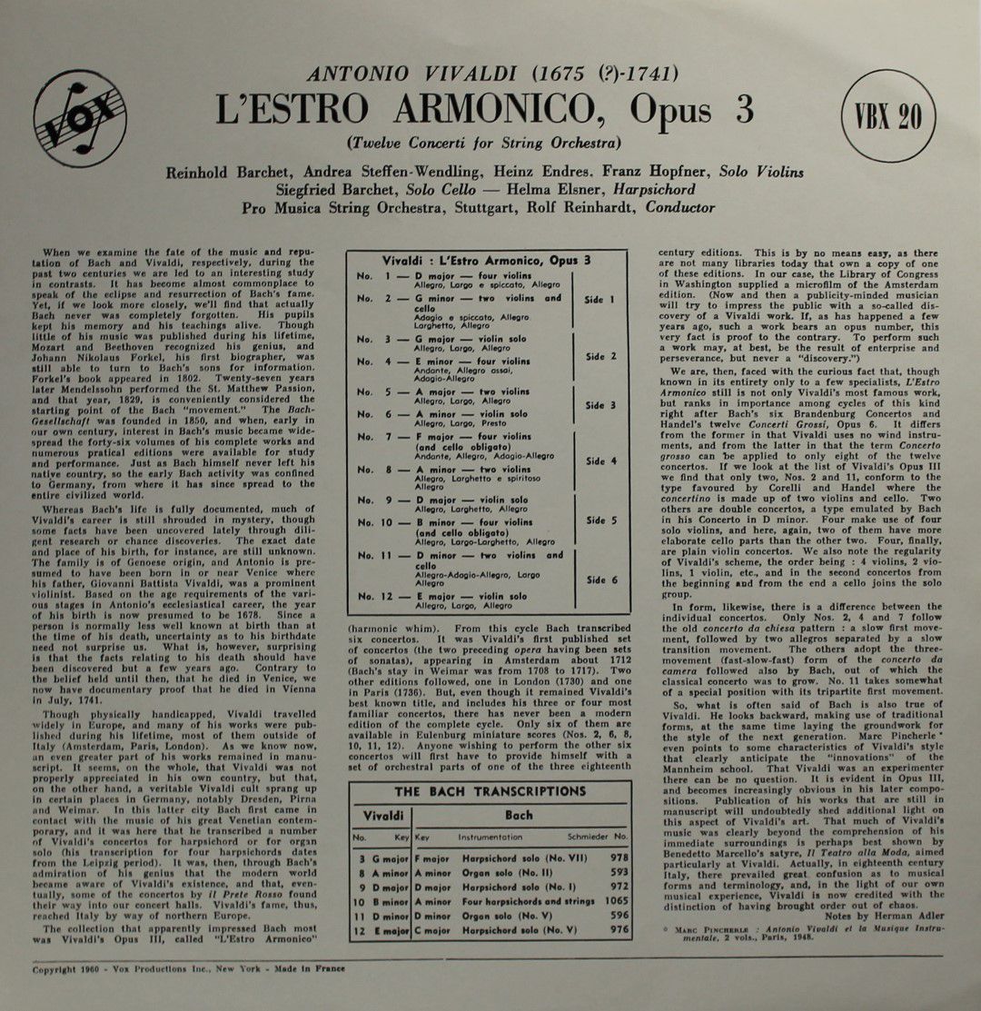 VOX (6) VBX 20 - Antonio Vivaldi, Pro Musica Orchestra Stuttgart - Image 2