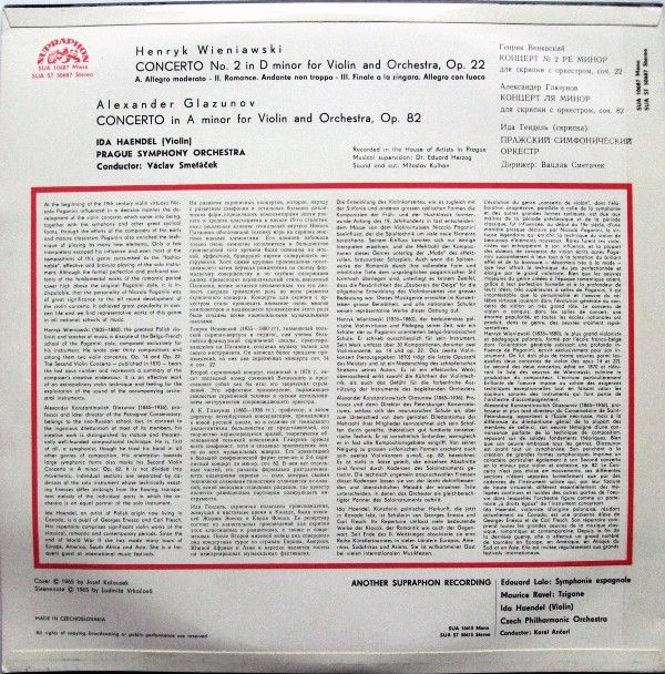 Supraphon SUA 10687 - Henryk Wieniawski, Alexander Glazunov, Ida - Image 2