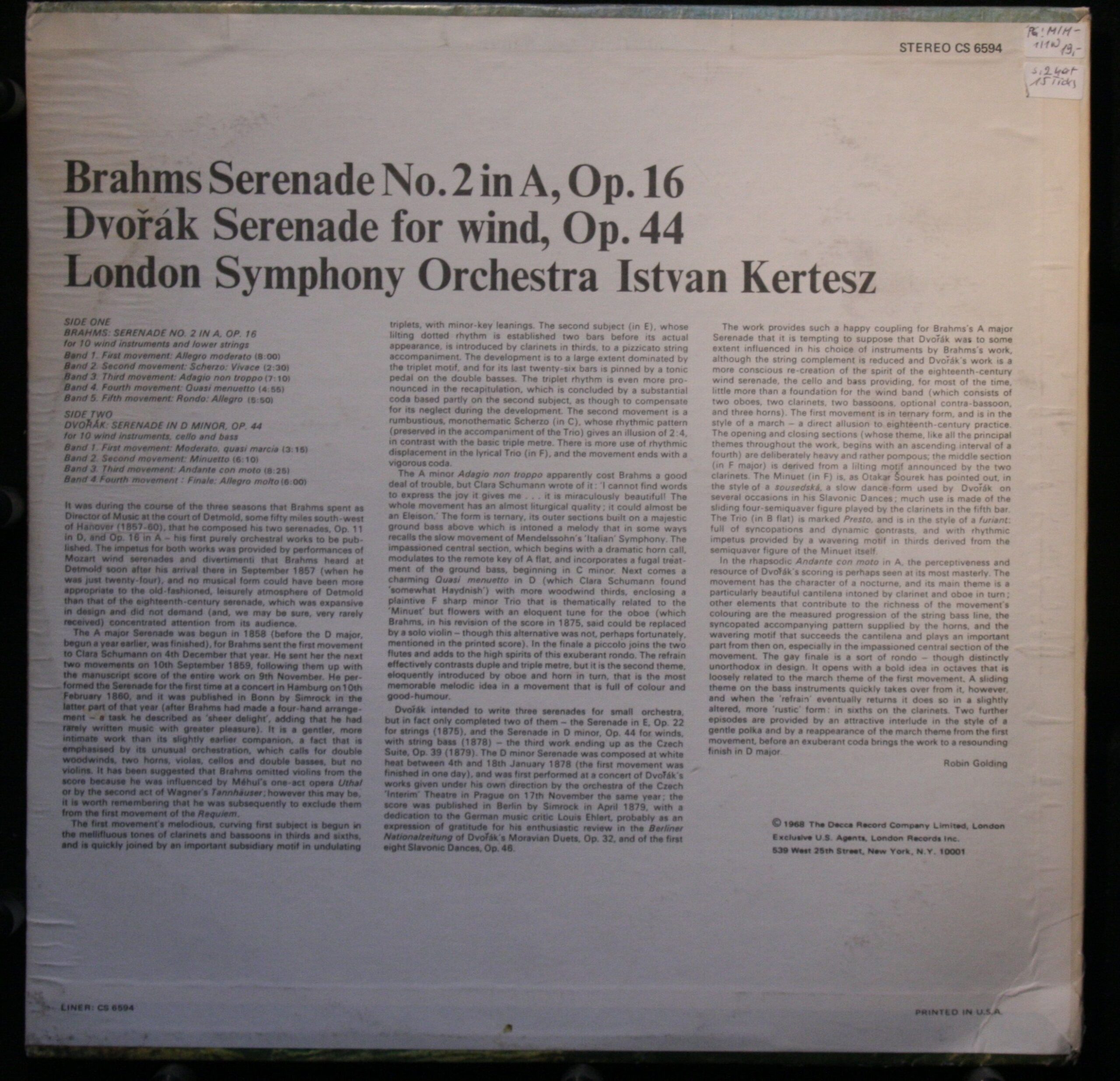 London Records CS 6594 - Johannes Brahms, Antonín Dvořák, London - Image 2