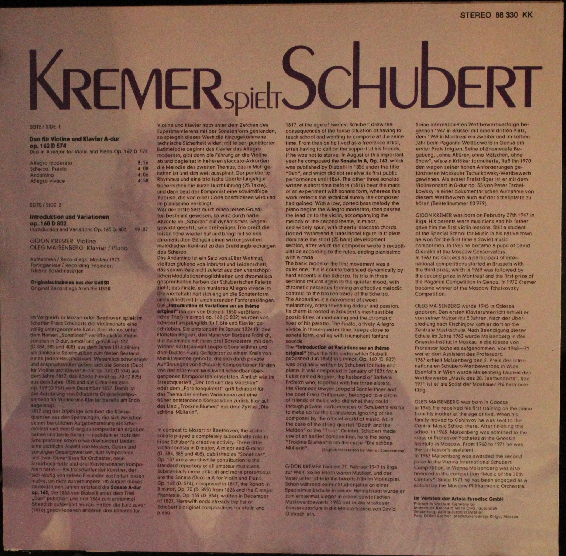 Eurodisc 88 330 KK - Franz Schubert, Gidon Kremer, Oleg Maisenbe - Image 2