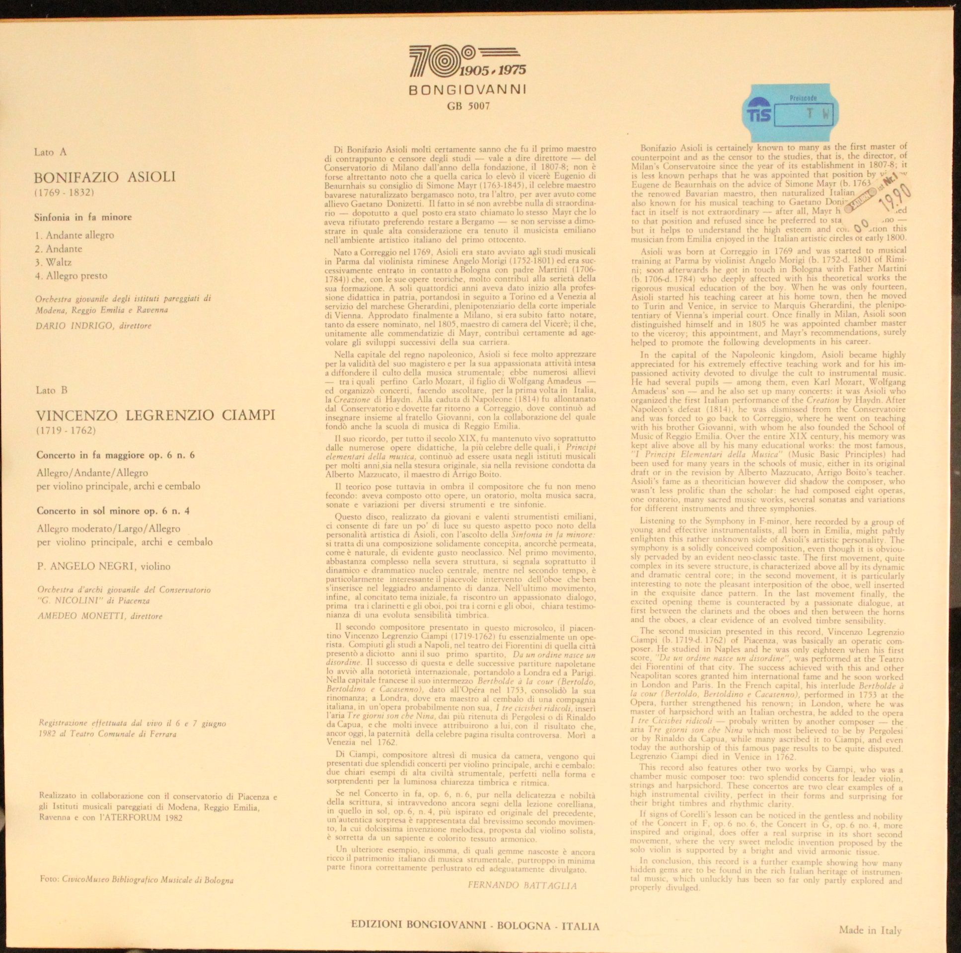 Bongiovanni GB 5007 - Bonifazio Asioli, Vincenzo Legrenzio Ciamp - Image 2