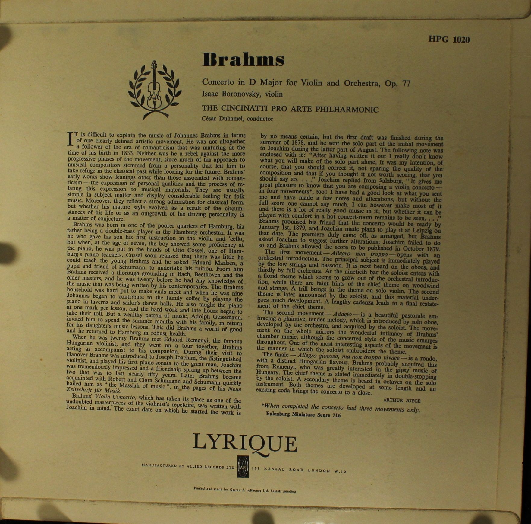 Lyrique HPG 1020 - Johannes Brahms, The Cincinatti Pro Arte Phil - Image 2