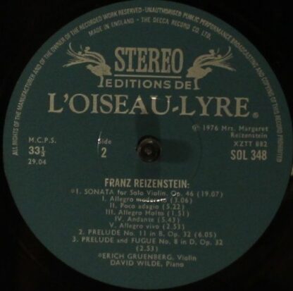 L'Oiseau-Lyre SOL 348 - Franz Reizenstein - Violin Sonata Op.20 - Image 3