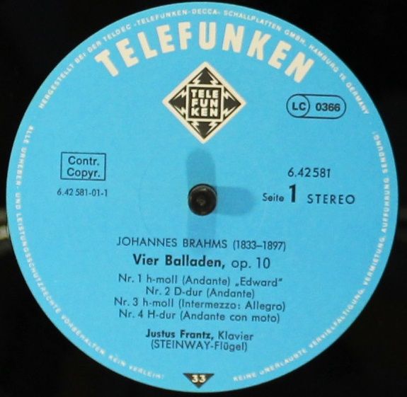 Telefunken 6.42581 - Johannes Brahms, Justus Frantz - Vier Balla - Image 3
