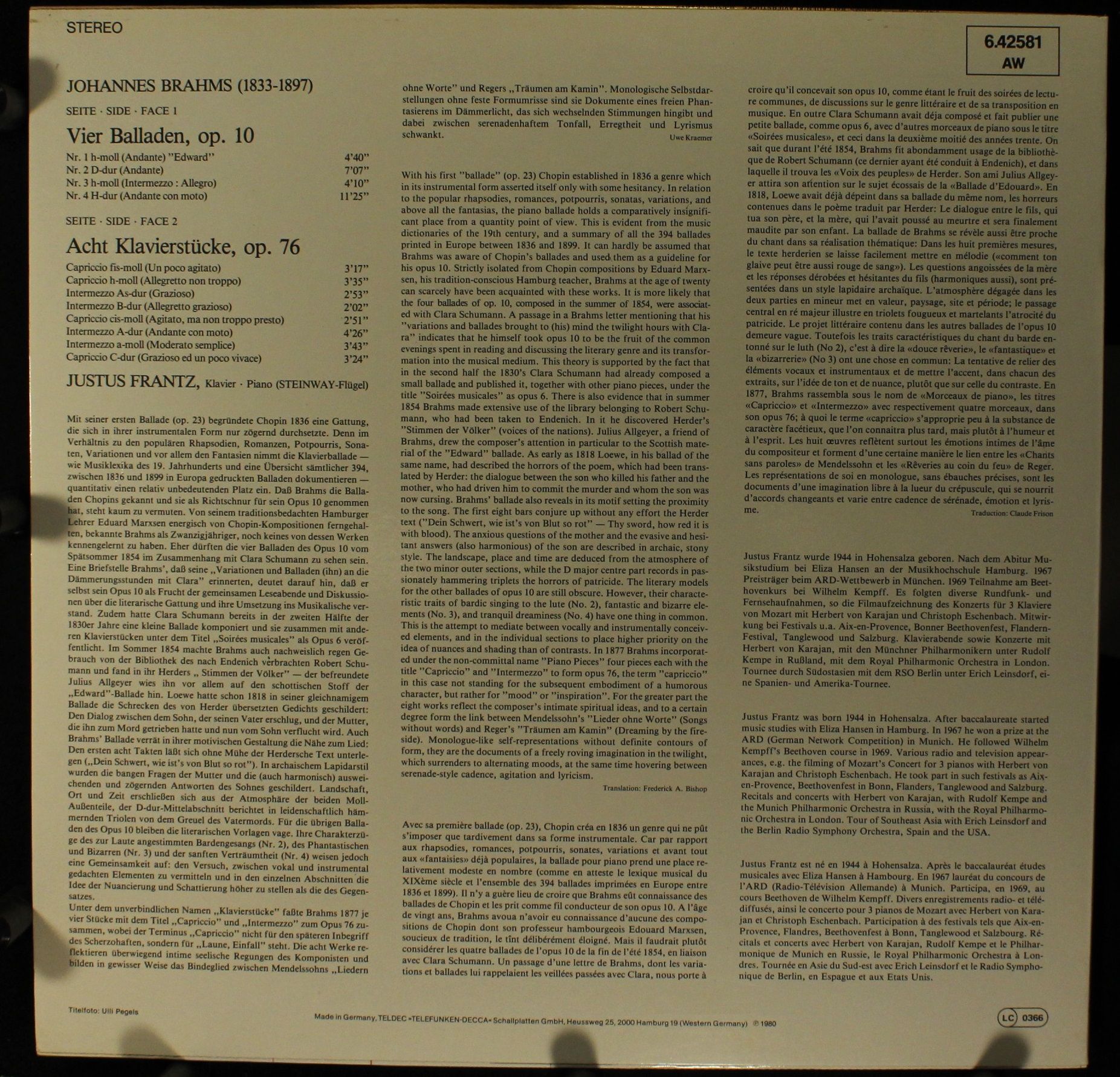 Telefunken 6.42581 - Johannes Brahms, Justus Frantz - Vier Balla - Image 2