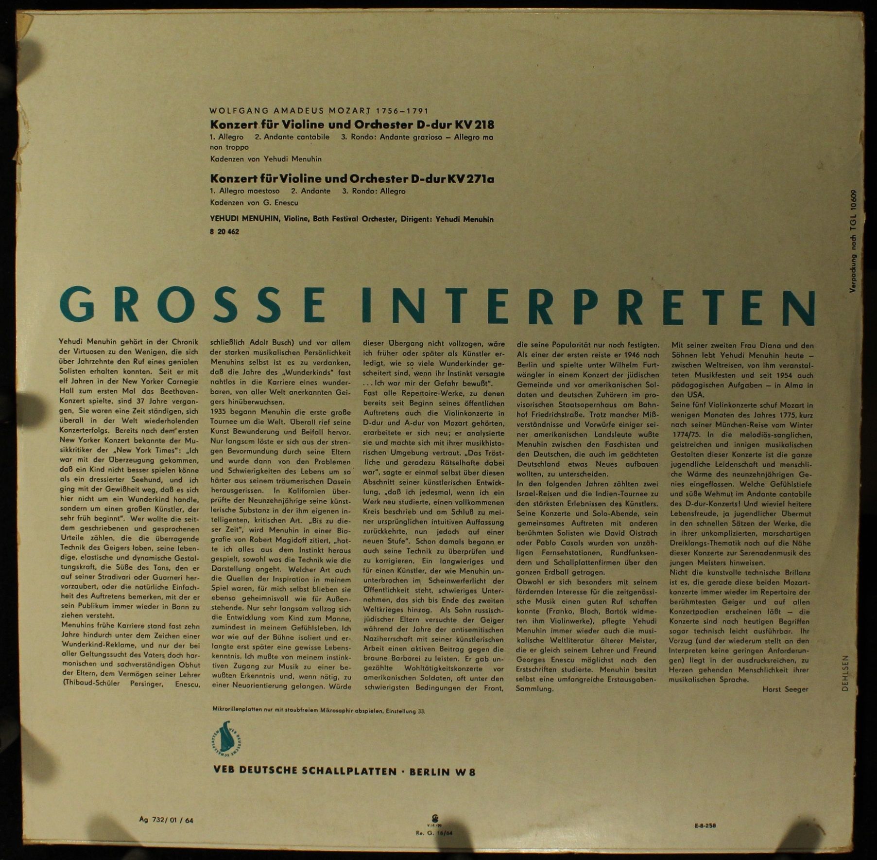 Eterna 8 20 462 - Wolfgang Amadeus Mozart, Yehudi Menuhin, Bath - Image 2