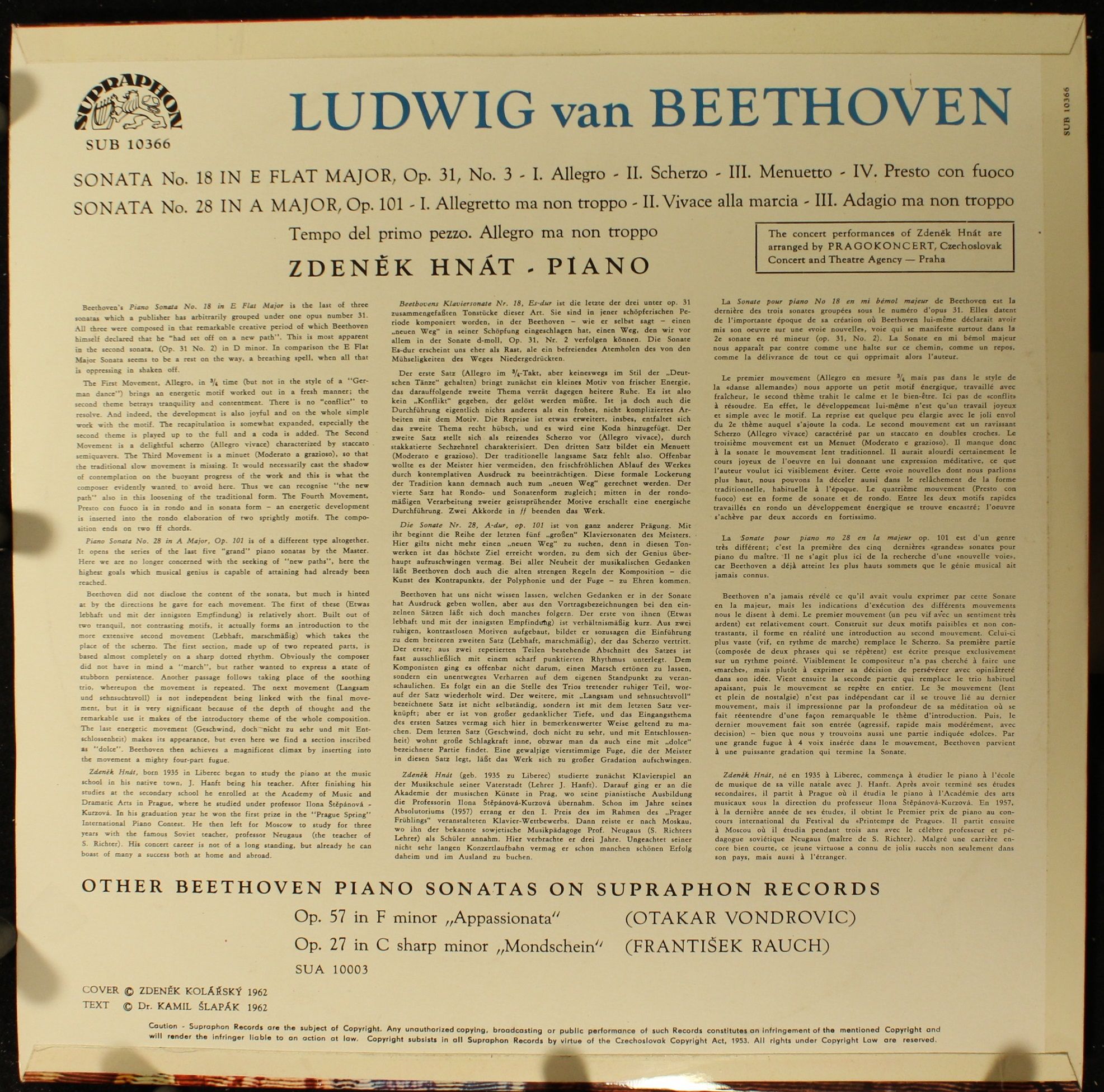 Supraphon SUB 10366 - Ludwig van Beethoven, Zdeněk Hnát - Beetho - Image 2