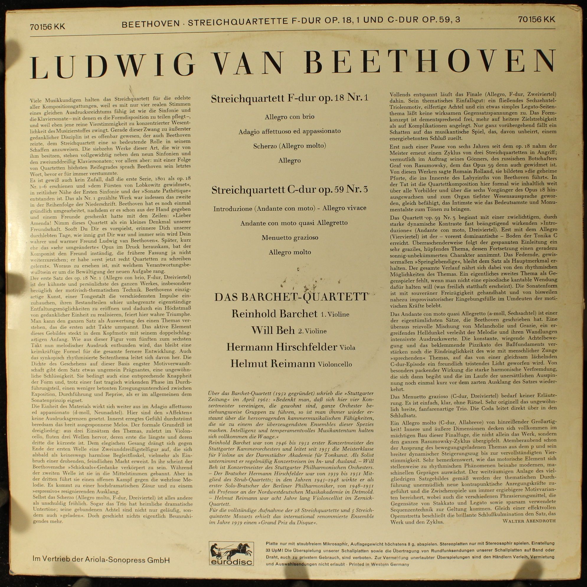 Eurodisc 70156 KK - Ludwig van Beethoven, Barchet-Quartett - Str - Image 2