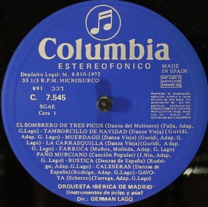 Columbia C 7545 - Orquesta Iberica de Madrid, Germán Lago - Inst - Image 4
