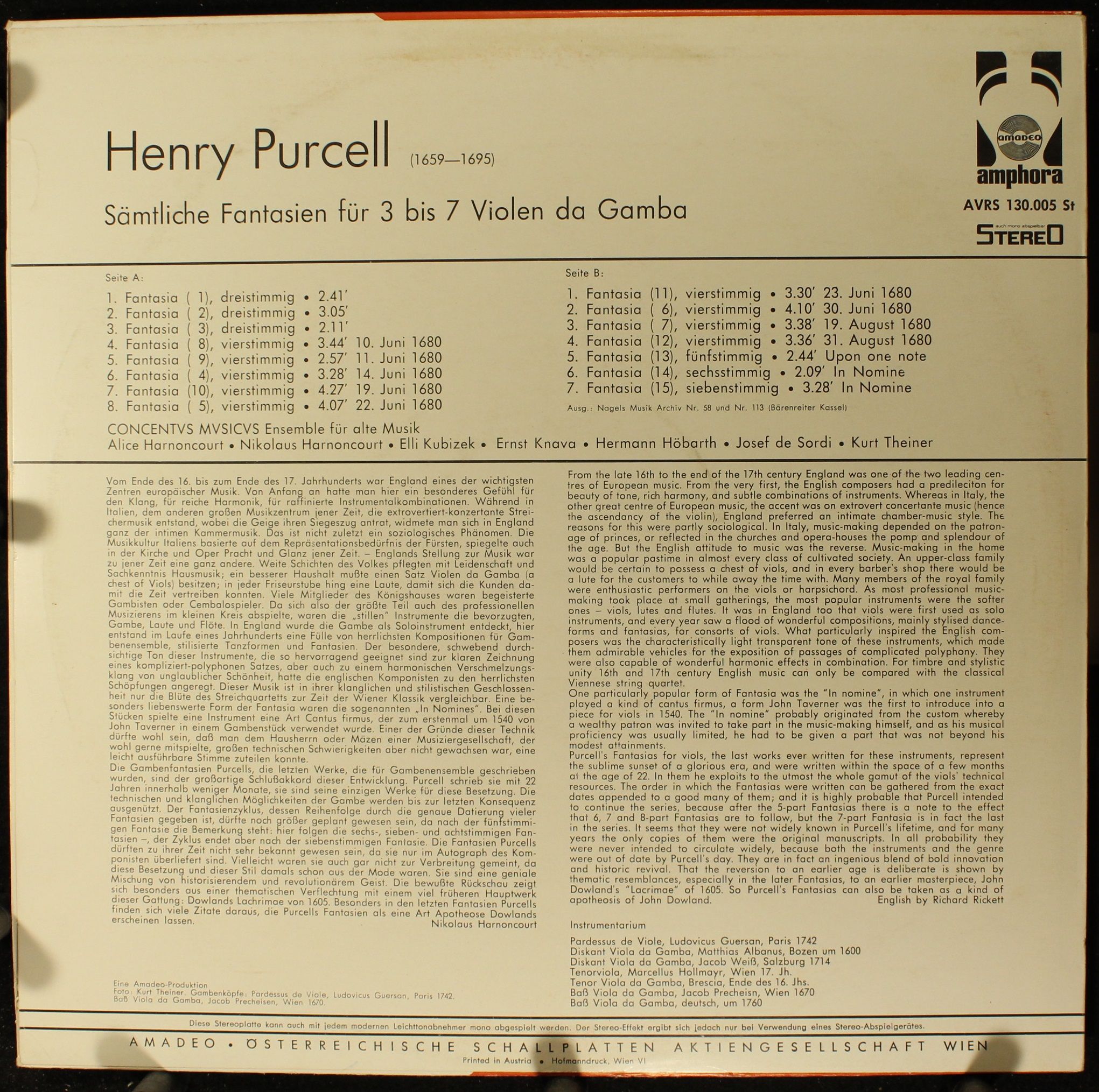 Amphora AVRS 130.005 St - Henry Purcell, Concentus Musicus Wien - Image 2