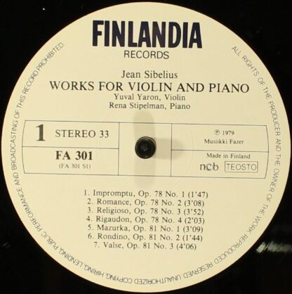 Finlandia Records FA 301 - Jean Sibelius, Yuval Yaron, Rena Stip - Image 3