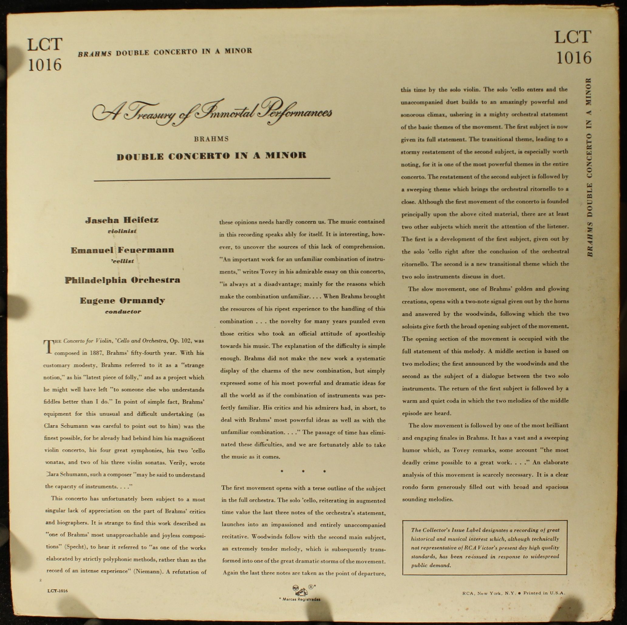 RCA Victor Red Seal LCT-1016 - Johannes Brahms, Jascha Heifetz, - Image 2
