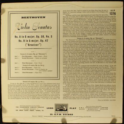His Master's Voice ALP 1376 - Ludwig Van Beethoven, Yehudi Menuh - Image 2