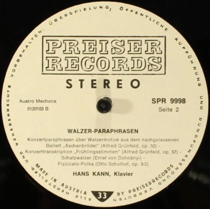 Preiser Records SPR 9998 - Hans Kann - Spielt Walzer-Paraphrasen - Image 4