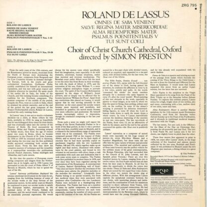 Argo ZRG 795 - Roland de Lassus, The Choir Of Christ Church Cath - Image 2