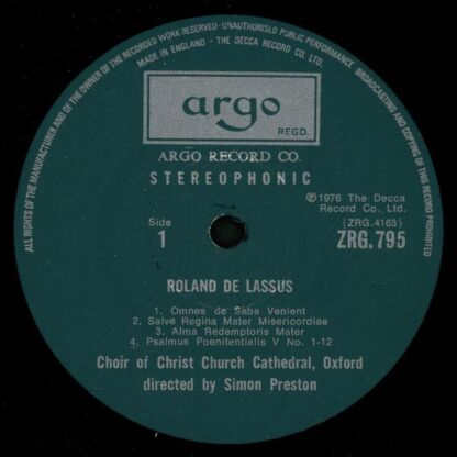 Argo ZRG 795 - Roland de Lassus, The Choir Of Christ Church Cath - Image 3