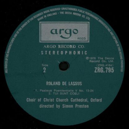 Argo ZRG 795 - Roland de Lassus, The Choir Of Christ Church Cath - Image 4