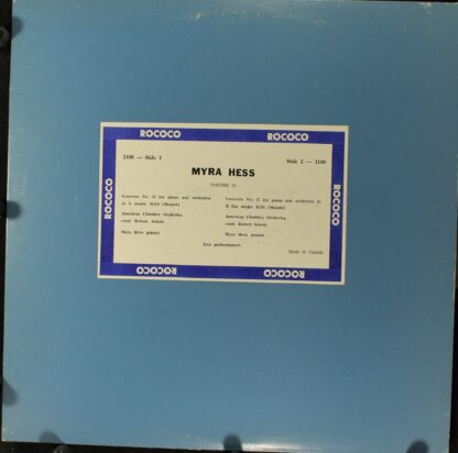 Rococo Records (5) RR-2108 - Myra Hess, Wolfgang Amadeus Mozart,