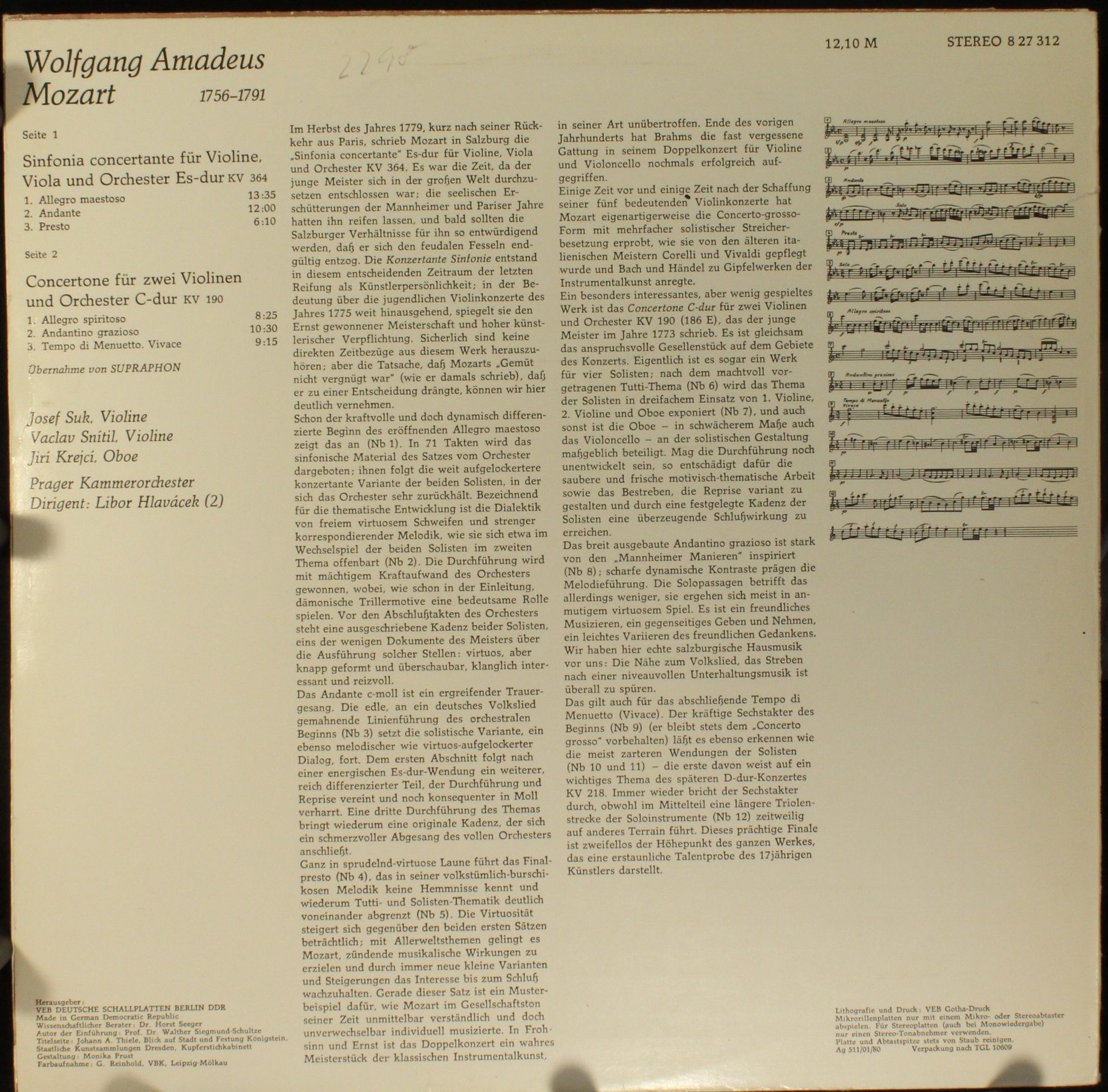 Eterna 8 27 312 - Wolfgang Amadeus Mozart, Josef Suk, Václav Sní - Image 2