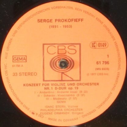 CBS 61 796 - Sergei Prokofiev, Isaac Stern, Eugene Ormandy, The - Image 4
