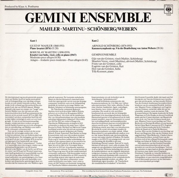 CBS 71103 - Gemini Ensemble (2) - Mahler • Martinu • Schönberg/W - Image 2