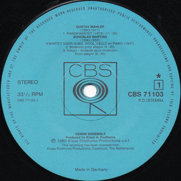 CBS 71103 - Gemini Ensemble (2) - Mahler • Martinu • Schönberg/W - Image 3
